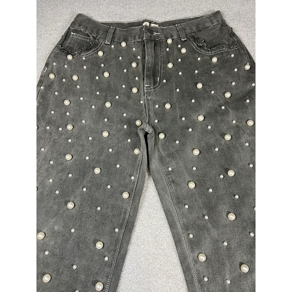 POL The Pearl Drop Jeans Distressed Straight Leg Beaded Denim Gray Medium EUC Ve - Picture 4 of 13